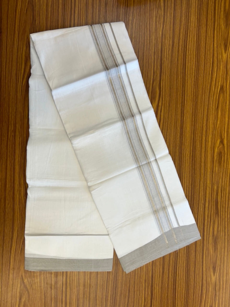 Linen Dhoti New! 20% Discount from Kaitharikada.com - Double Mundu/Dhoti 80x90 Thread Pure White - Pure Cotton + Linen - 1.75 Inch Grey & Silver Kasav Striped Kara 4 mtr (8.5 muzham) - 9 KK5299 THI