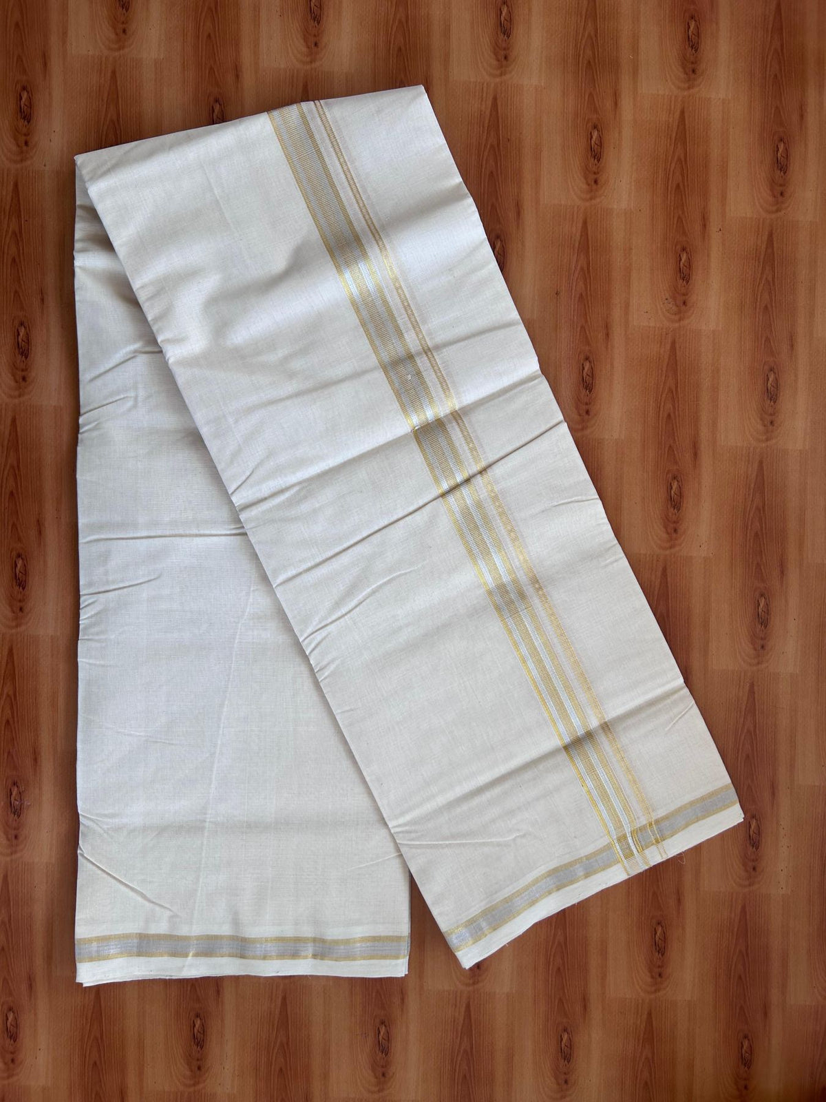 Off White (Unbleached) Double Mundu/Dhoti - 25% Discount! KaithariKada Handloom Millpaav - Kerala Handloom - 100% Pure Cotton - 80x90 - 1 inch Gold & Silver Kasav Kara 4 Meters (8.5 Muzham) - 8 KK5512 RAM