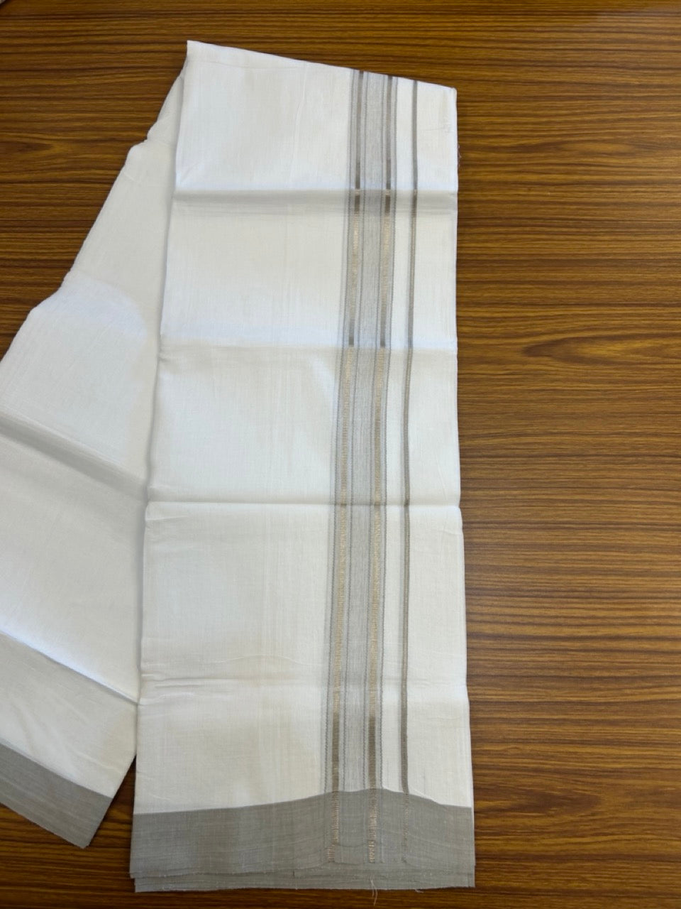 Linen Dhoti New! 20% Discount from Kaitharikada.com - Double Mundu/Dhoti 80x90 Thread Pure White - Pure Cotton + Linen - 1.75 Inch Grey & Silver Kasav Striped Kara 4 mtr (8.5 muzham) - 9 KK5299 THI