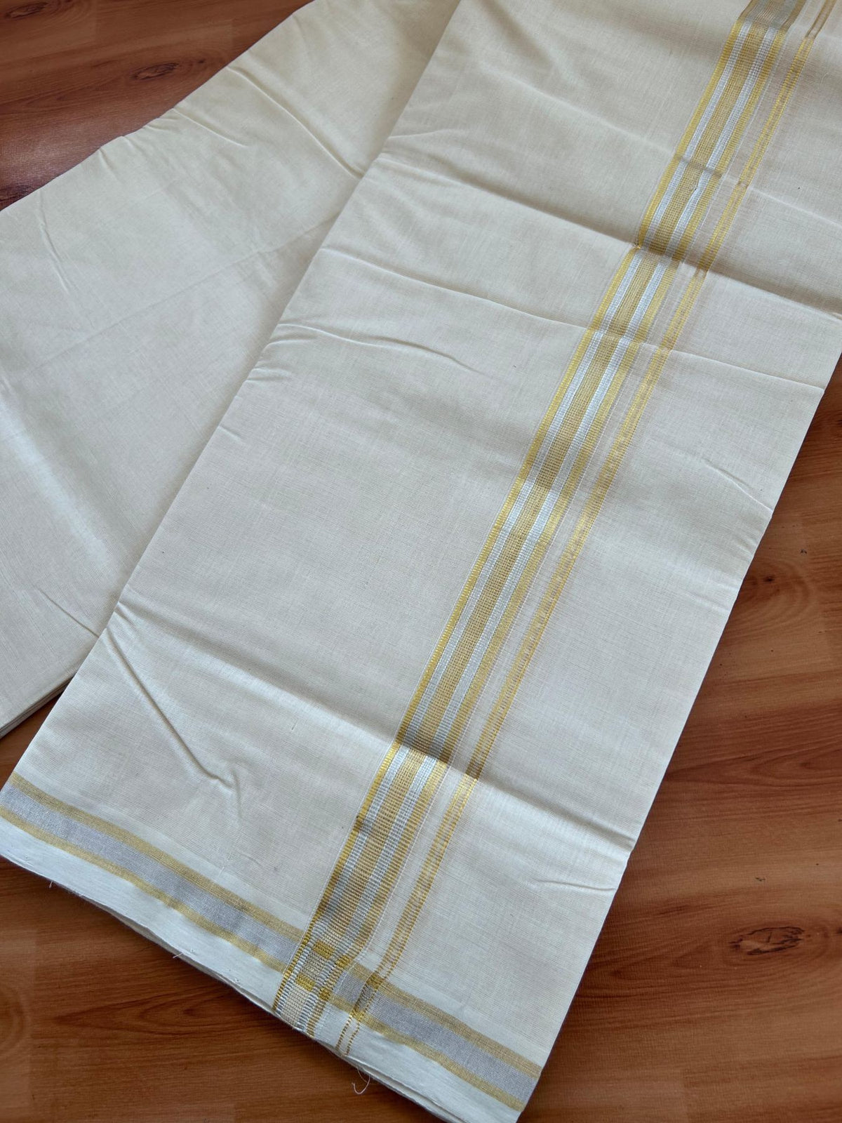 Off White (Unbleached) Double Mundu/Dhoti - 25% Discount! KaithariKada Handloom Millpaav - Kerala Handloom - 100% Pure Cotton - 80x90 - 1 inch Gold & Silver Kasav Kara 4 Meters (8.5 Muzham) - 8 KK5512 RAM