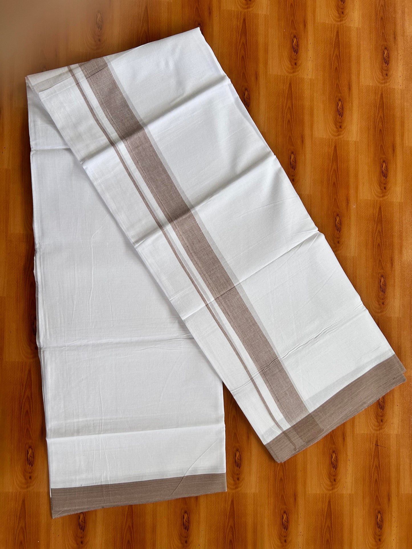 Double Pure White Mundu/Dhoti- 20% Discount ! Kaitharikada Balaramapuram 100% Pure Cotton - 100x80 - 1.25 Inch Light Brown Shaded Kara 3.90 mtr (8 muzham) - 44 KK5444 VIN