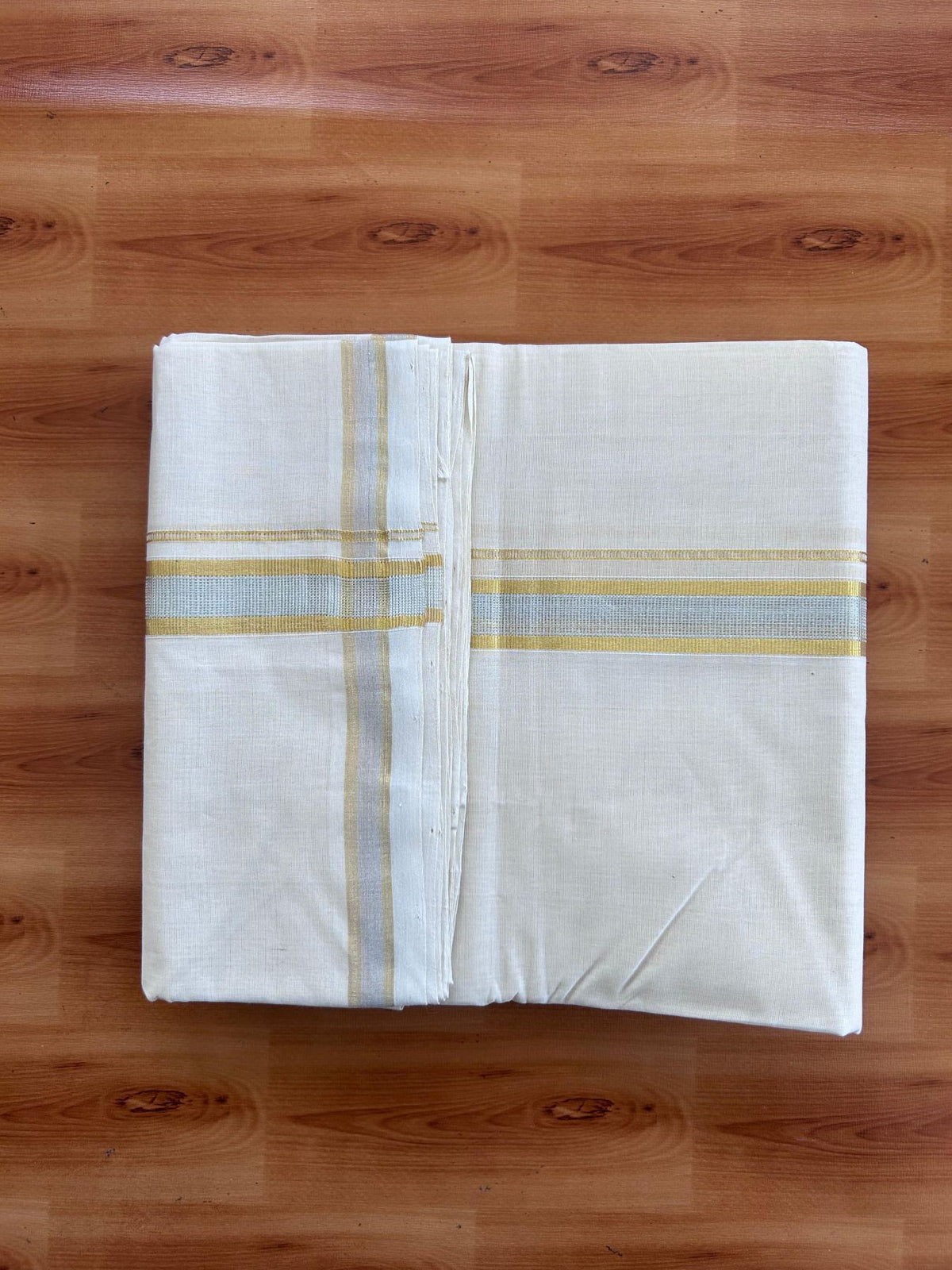 Off White (Unbleached) Double Mundu/Dhoti - 25% Discount! KaithariKada Handloom Millpaav - Kerala Handloom - 100% Pure Cotton - 80x90 - 1 inch Gold & Silver Kasav Kara 4 Meters (8.5 Muzham) - 9 KK5512 RAM