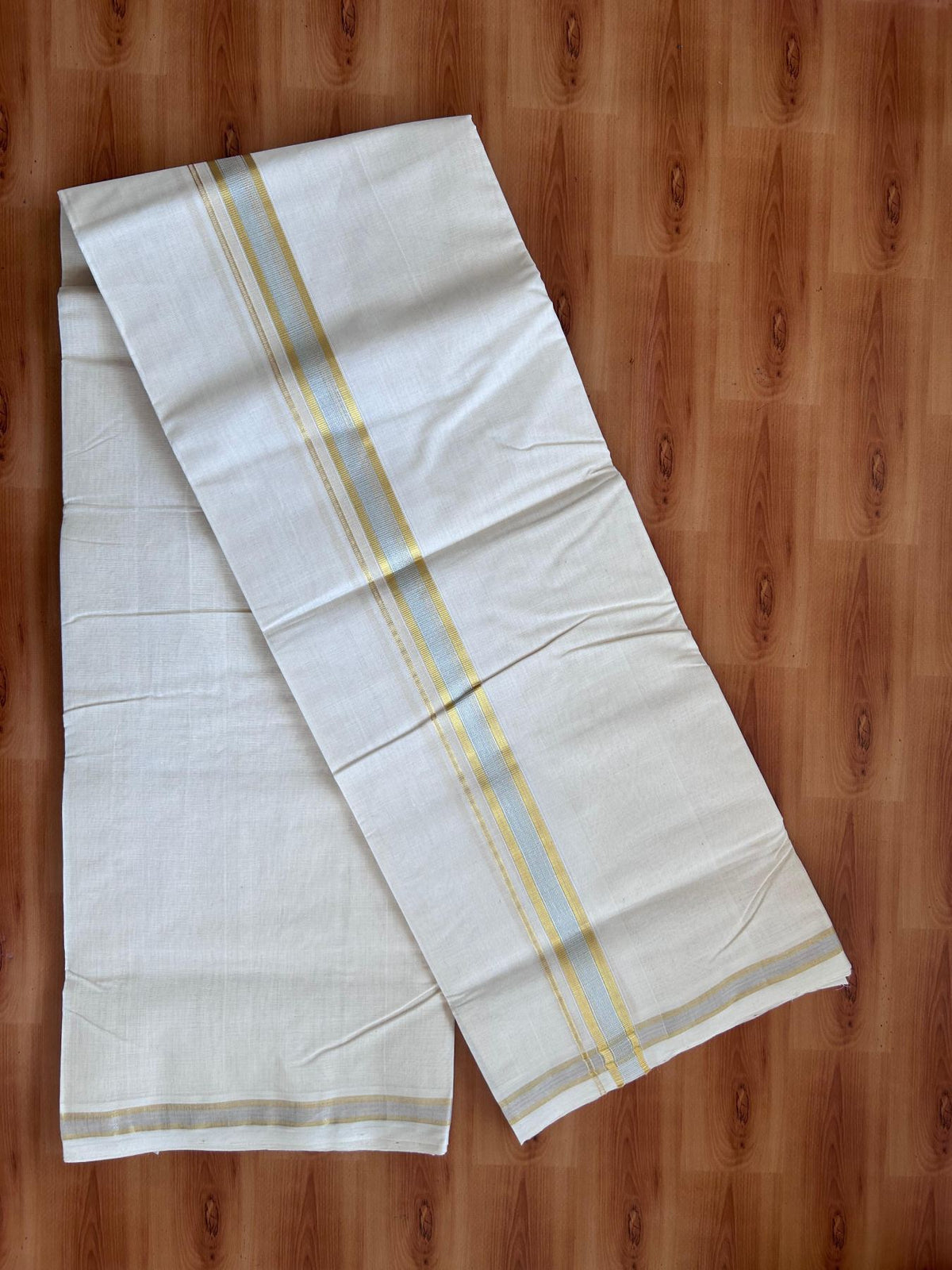 Off White (Unbleached) Double Mundu/Dhoti - 25% Discount! KaithariKada Handloom Millpaav - Kerala Handloom - 100% Pure Cotton - 80x90 - 1 inch Gold & Silver Kasav Kara 4 Meters (8.5 Muzham) - 9 KK5512 RAM