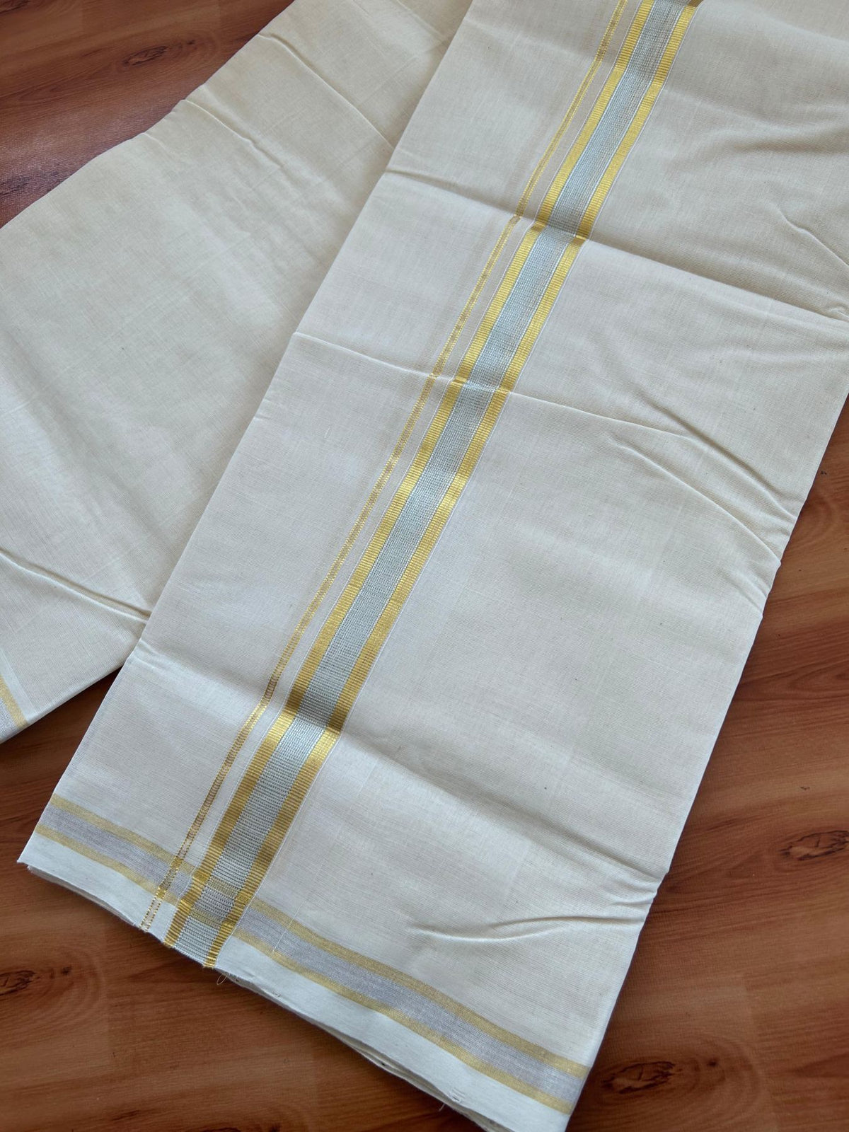 Off White (Unbleached) Double Mundu/Dhoti - 25% Discount! KaithariKada Handloom Millpaav - Kerala Handloom - 100% Pure Cotton - 80x90 - 1 inch Gold & Silver Kasav Kara 4 Meters (8.5 Muzham) - 9 KK5512 RAM
