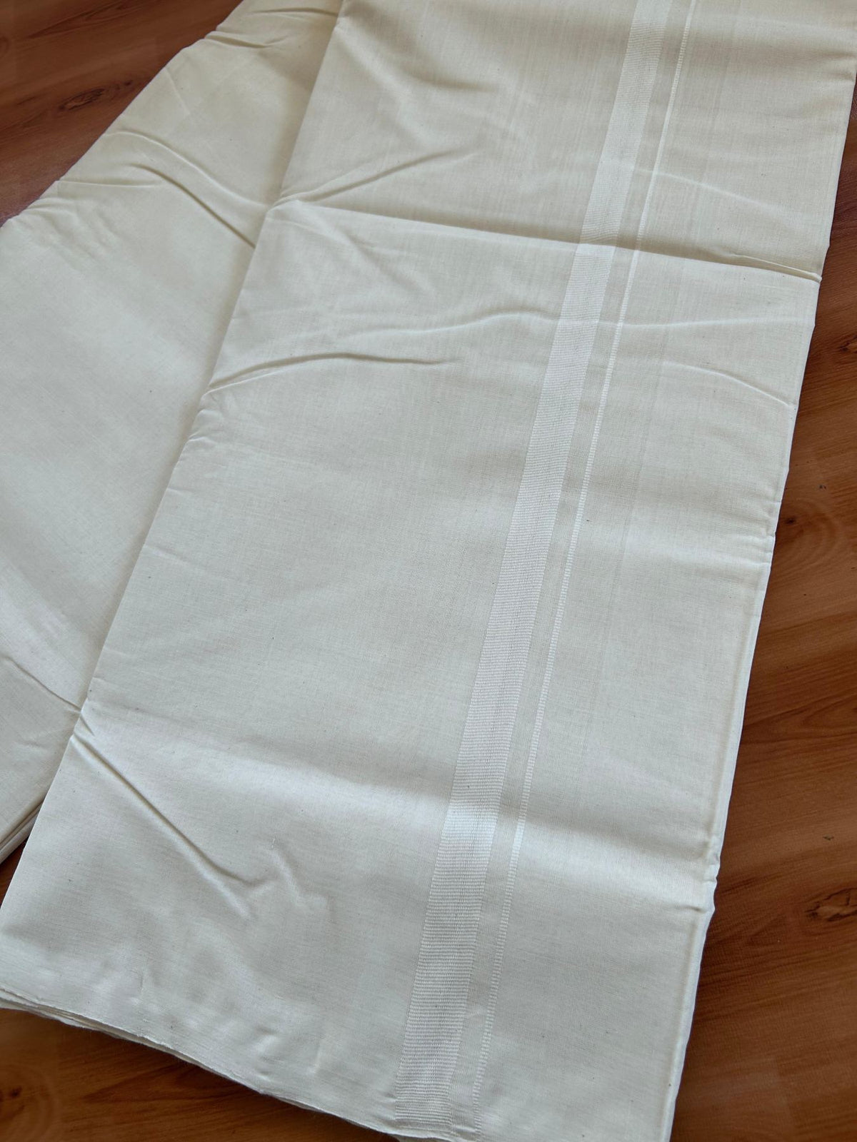 Off White (Unbleached) Double Mundu/Dhoti - 25% Discount! KaithariKada Handloom Millpaav - Kerala Handloom - 100% Pure Cotton - 80x90 - 0.5 inch White Kara 4 Meters (8.5 Muzham) - 10 KK5512 RAM