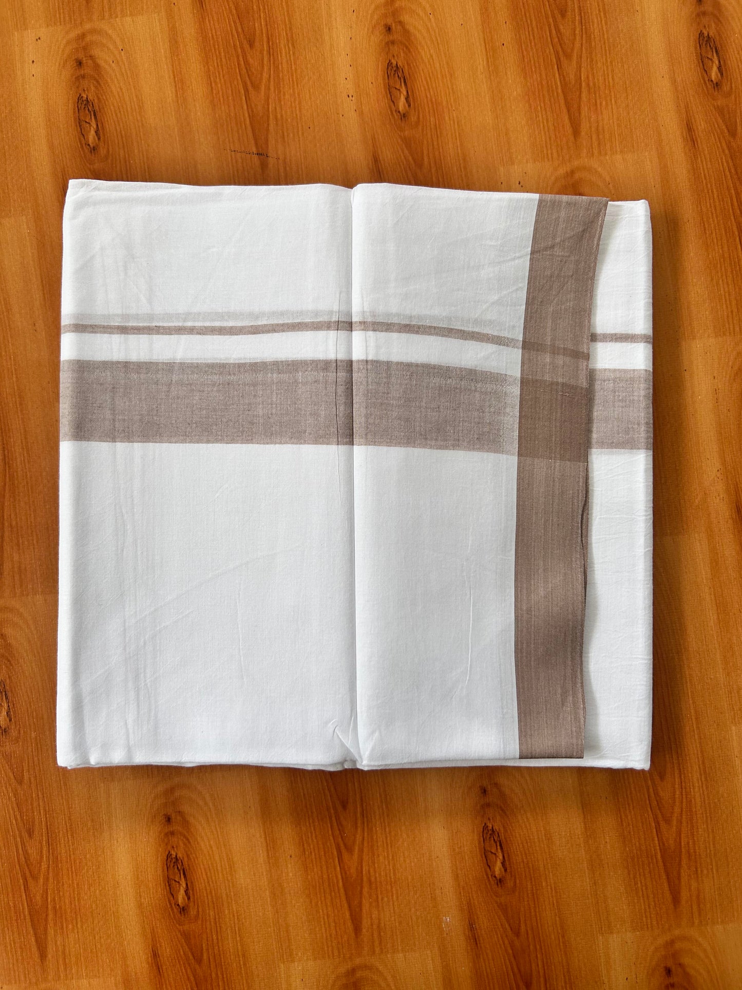 Double Pure White Mundu/Dhoti- 20% Discount ! Kaitharikada Balaramapuram 100% Pure Cotton - 100x80 - 1.25 Inch Light Brown Shaded Kara 3.90 mtr (8 muzham) - 44 KK5444 VIN
