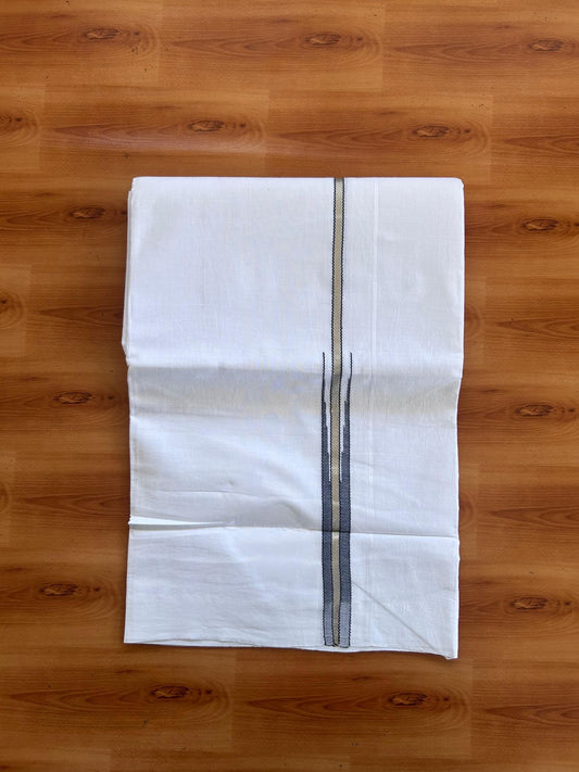 Double Pure White Mundu/ Dhoti - 20% Discount ! Kaitharikada Balaramapuram 100% Cotton 100x80 - 0.75 inch Silver Kasav & Navy Blue Striped Puliyilakkara One Side Chutty Kara 3.90 mtr (8 muzham) - 24 KK5499 CKS
