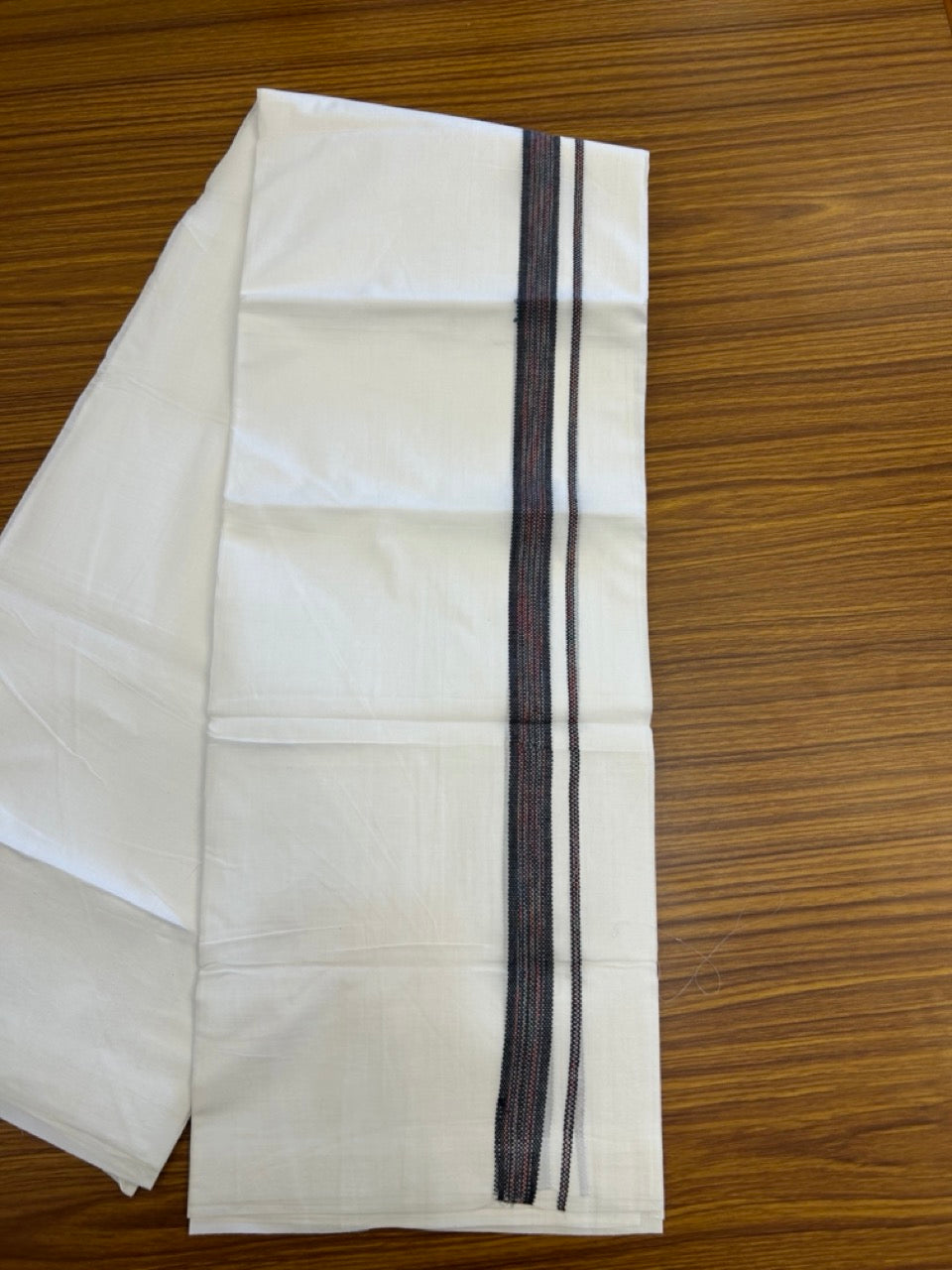 20% Discount ! Kaitharikada Balaramapuram 100% Cotton Pure White Rainbow Double Mundu/Dothi - 100x80 - 0.75 inch Black & Multi colour Kara 3.80 mtr (8 muzham) - 36 KK5299 THI