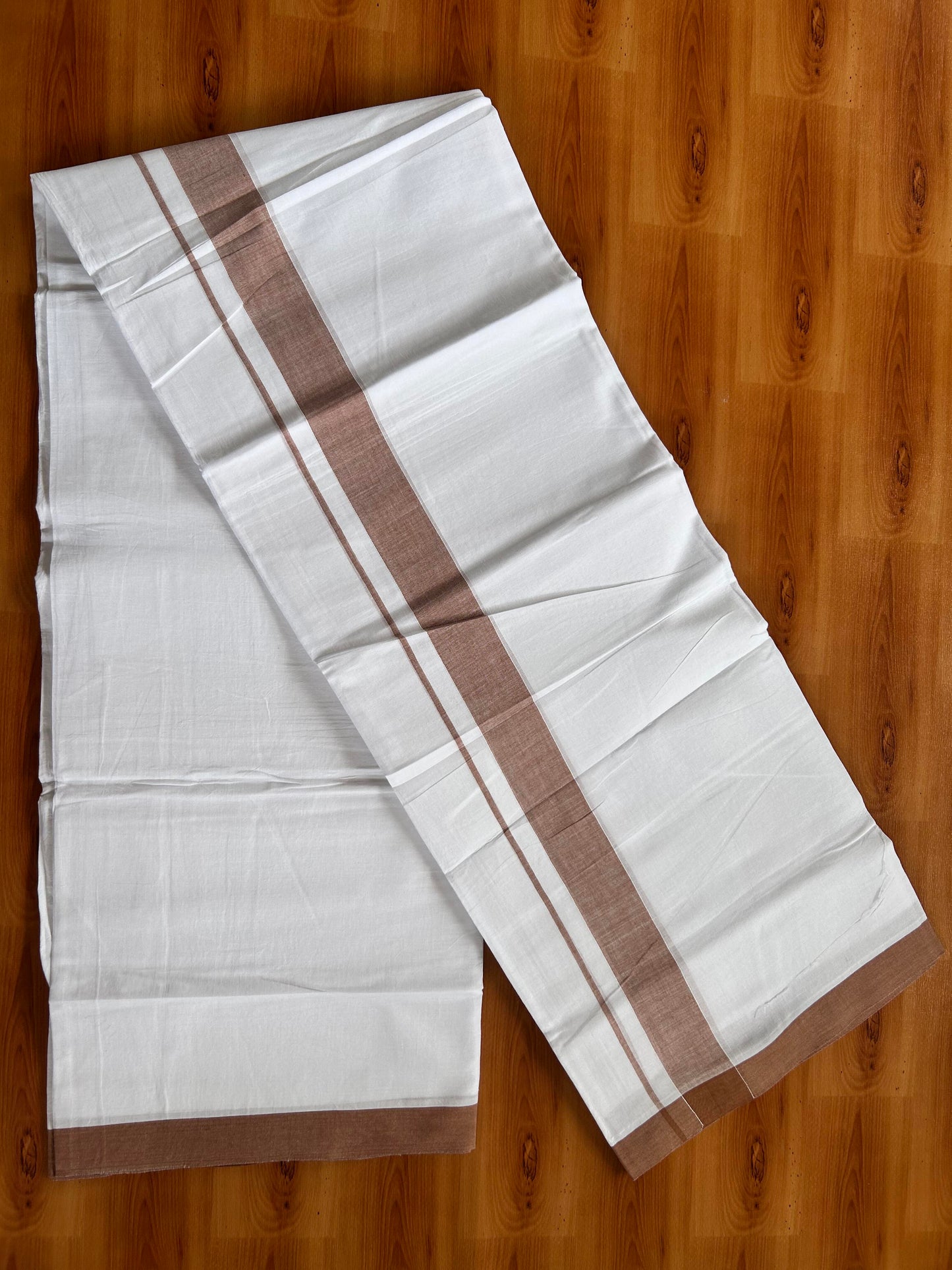 Double Pure White Mundu/Dhoti- 20% Discount ! Kaitharikada Balaramapuram 100% Pure Cotton - 100x80 - 1.25 Inch Peach Brown Shaded Kara 3.90 mtr (8 muzham) - 43 KK5444 VIN