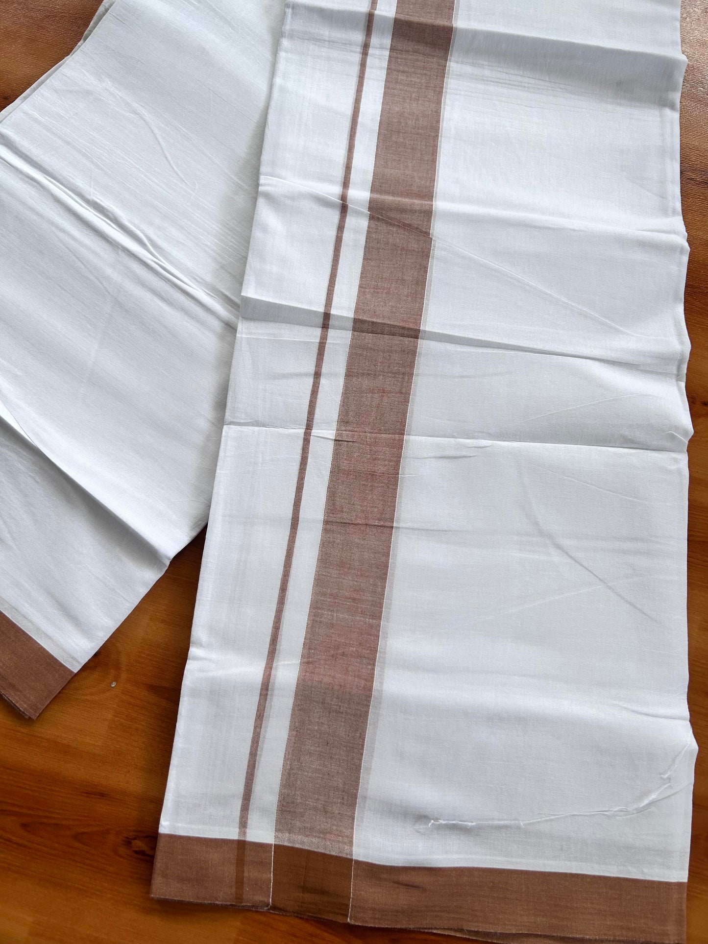 Double Pure White Mundu/Dhoti- 20% Discount ! Kaitharikada Balaramapuram 100% Pure Cotton - 100x80 - 1.25 Inch Peach Brown Shaded Kara 3.90 mtr (8 muzham) - 43 KK5444 VIN