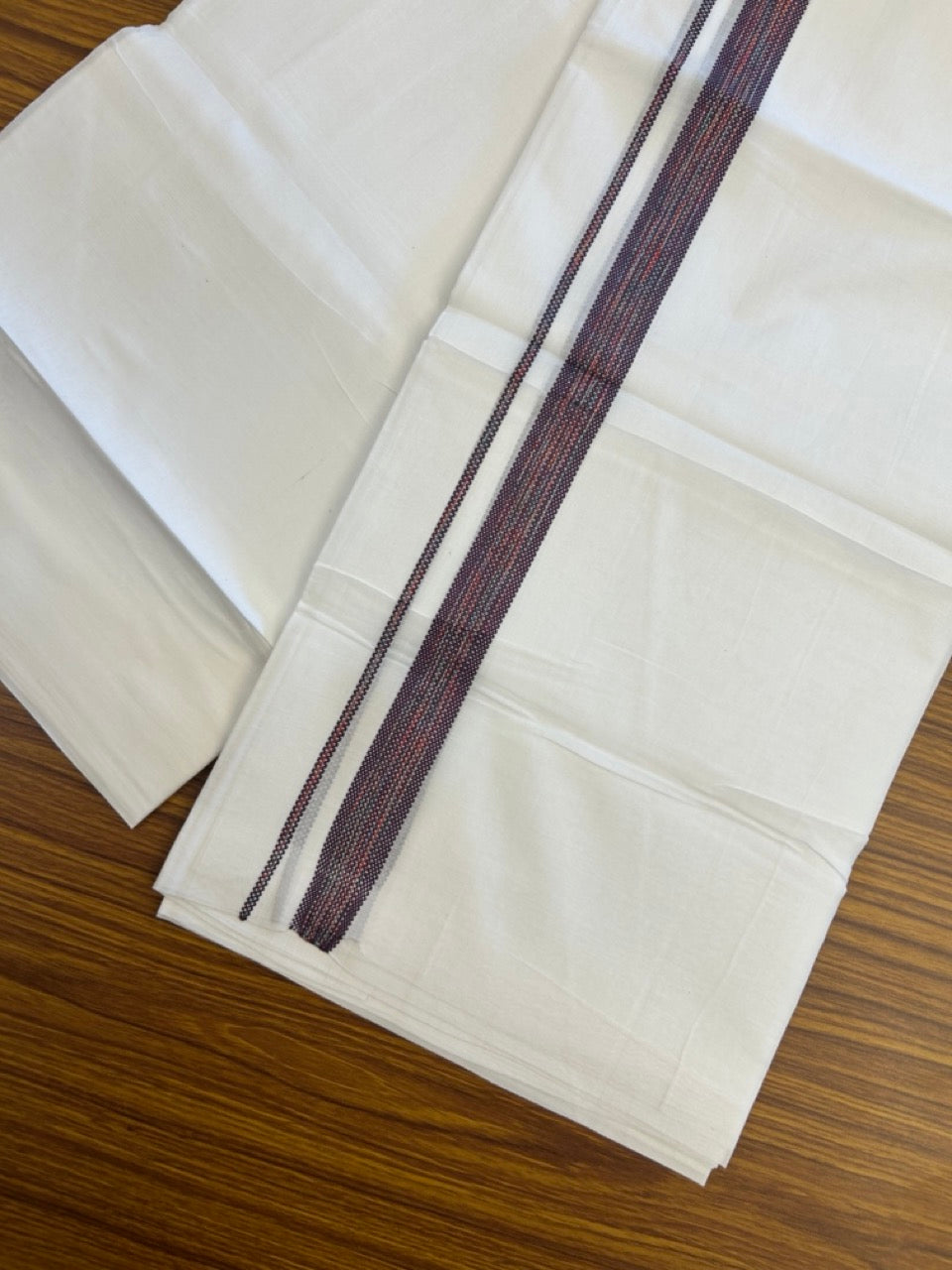 20% Discount ! Kaitharikada Balaramapuram 100% Cotton Pure White Rainbow Double Mundu/Dothi - 100x80 - 0.75 inch Dark Purple & Multi colour Kara 3.80 mtr (8 muzham) - 30 KK5299 THI