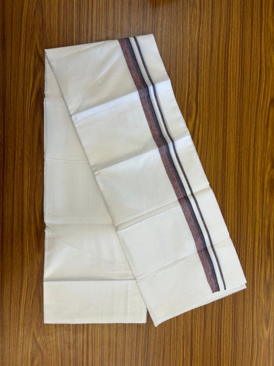 20% Discount ! Kaitharikada Balaramapuram 100% Cotton Pure White Double Rainbow Mundu/Dothi - 100x80 - 0.75 inch Navy Blue & Dusty Rose Kara 3.80 mtr (8 muzham) - 23 KK5299 THI