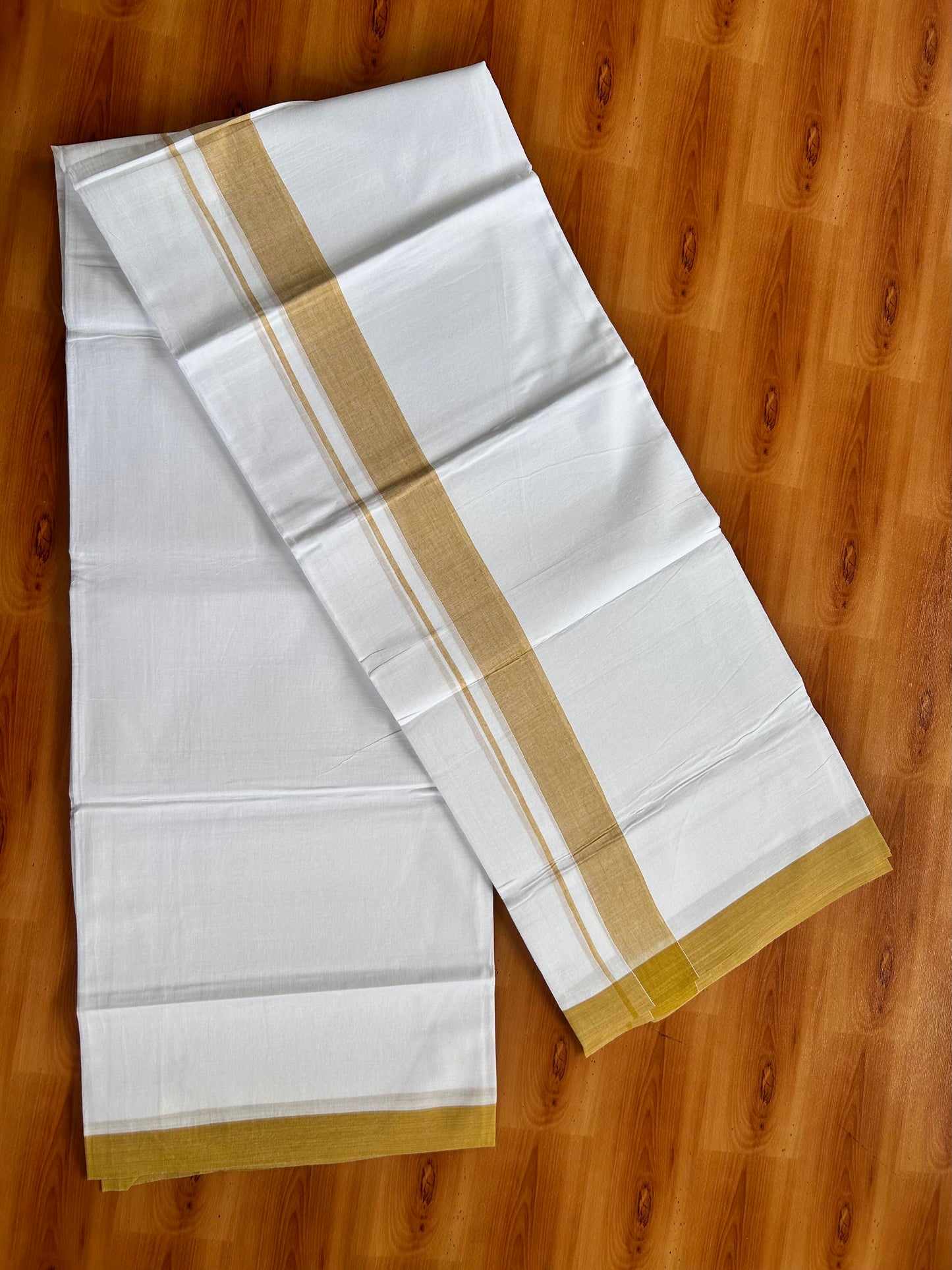 Double Pure White Mundu/Dhoti- 20% Discount ! Kaitharikada Balaramapuram 100% Pure Cotton - 100x80 - 1.25 Inch Yellow Shaded Kara 3.90 mtr (8 muzham) - 42 KK5444 VIN