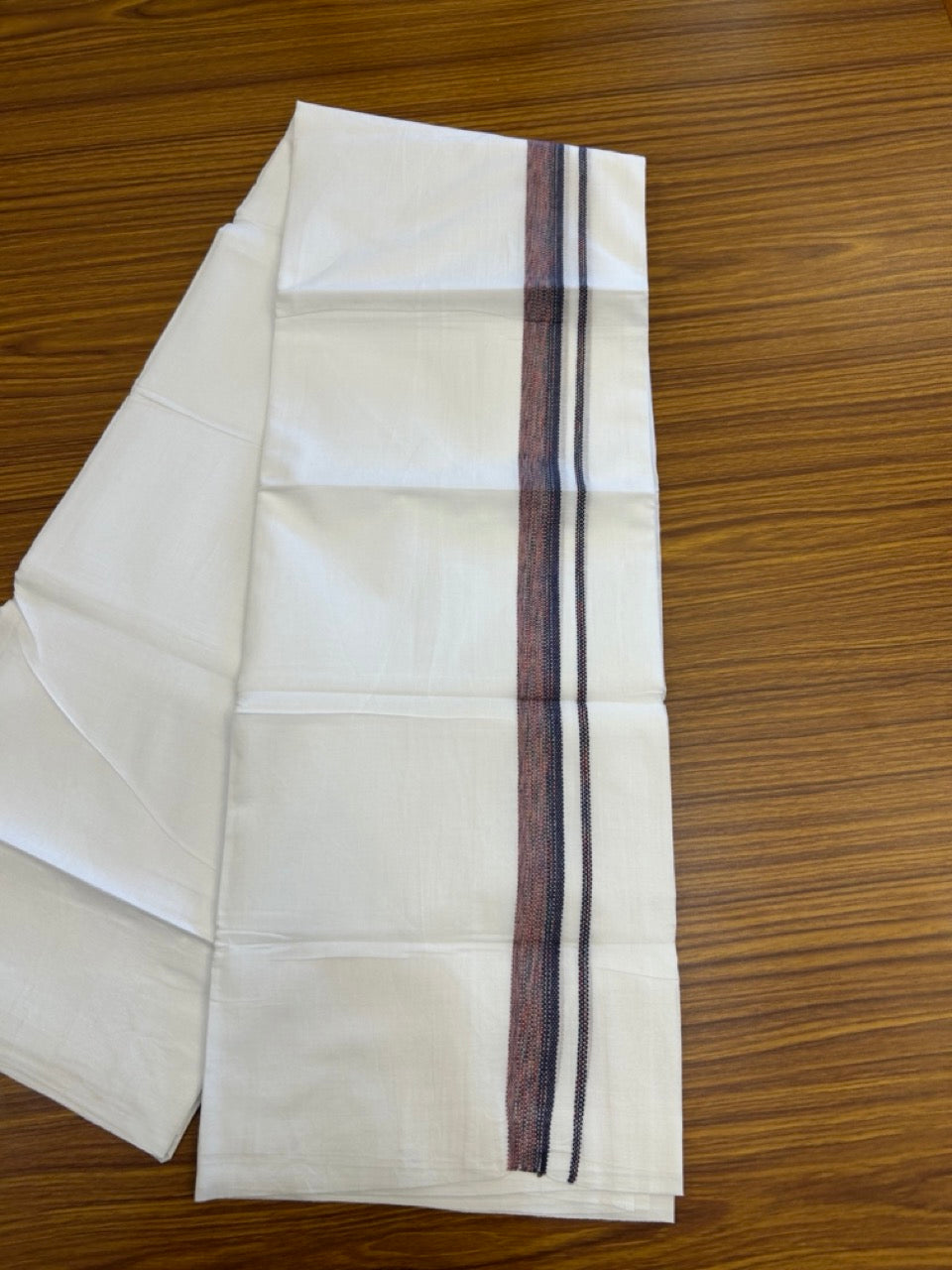 20% Discount ! Kaitharikada Balaramapuram 100% Cotton Pure White Double Rainbow Mundu/Dothi - 100x80 - 0.75 inch Navy Blue & Dusty Rose Kara 3.80 mtr (8 muzham) - 23 KK5299 THI