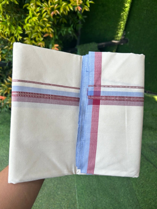 30%DISCOUNT!! SIGNATURE KAITHARIKADA EXCLUSIVE SINGLE DHOTI - 100% Cotton Balaramapuram HANDLOOM Single Mundu/Dhoti - Off White - (Unbleached) 1 inch Maroon Lavender & Silver Kasavu Striped Kara (2 meter / 4 muzham)- 11KK5173KAI