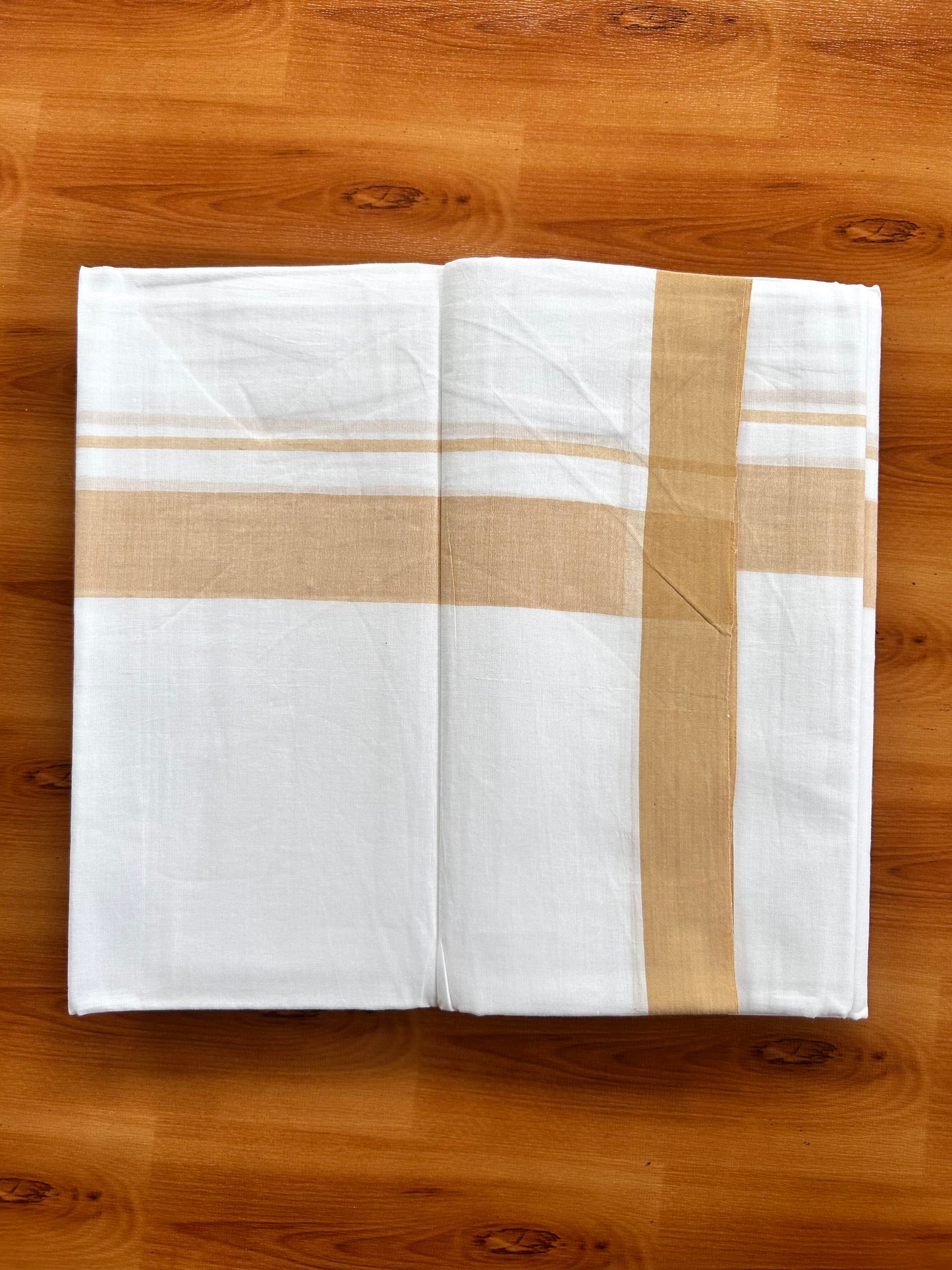 Double Pure White Mundu/Dhoti- 20% Discount ! Kaitharikada Balaramapuram 100% Pure Cotton - 100x80 - 1.25 Inch Beige Yellow Shaded Kara 3.90 mtr (8 muzham) - 41 KK5444 VIN
