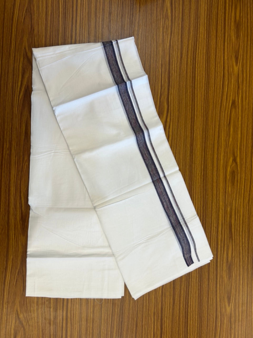 20% Discount ! Kaitharikada Balaramapuram 100% Cotton Pure White Rainbow Double Mundu/Dothi - 100x80 - 0.75 inch Navy Blue & Multi colour Kara 3.80 mtr (8 muzham) - 37 KK5299 THI