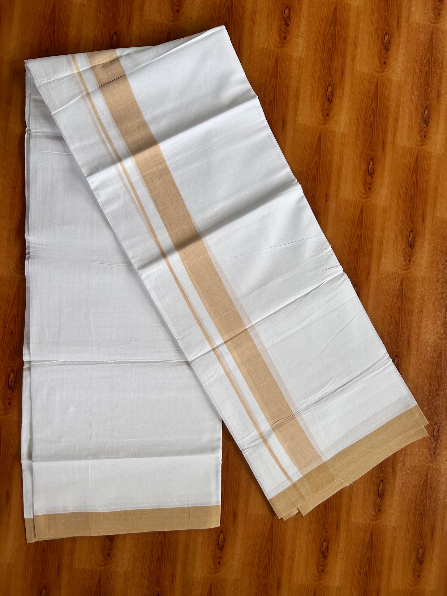 Double Pure White Mundu/Dhoti- 20% Discount ! Kaitharikada Balaramapuram 100% Pure Cotton - 100x80 - 1.25 Inch Beige Yellow Shaded Kara 3.90 mtr (8 muzham) - 41 KK5444 VIN