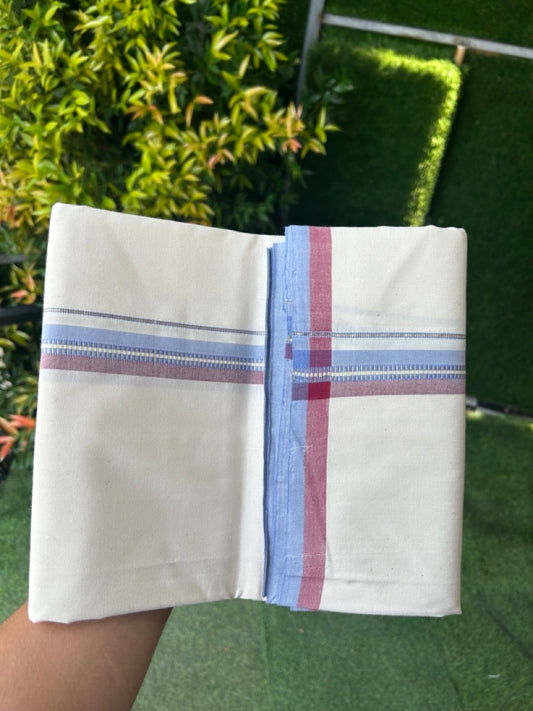 30%DISCOUNT!! SIGNATURE KAITHARIKADA EXCLUSIVE SINGLE DHOTI - 100% Cotton Balaramapuram HANDLOOM Single Mundu/Dhoti - Off White - (Unbleached) 1 inch Maroon Lavender & Gold Kasavu Striped Kara (2 meter / 4 muzham)- 10KK5173KAI