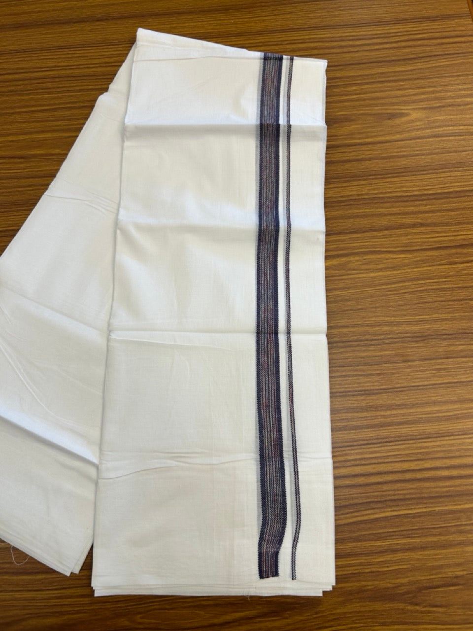 20% Discount ! Kaitharikada Balaramapuram 100% Cotton Pure White Rainbow Double Mundu/Dothi - 100x80 - 0.75 inch Navy Blue & Multi colour Kara 3.80 mtr (8 muzham) - 37 KK5299 THI