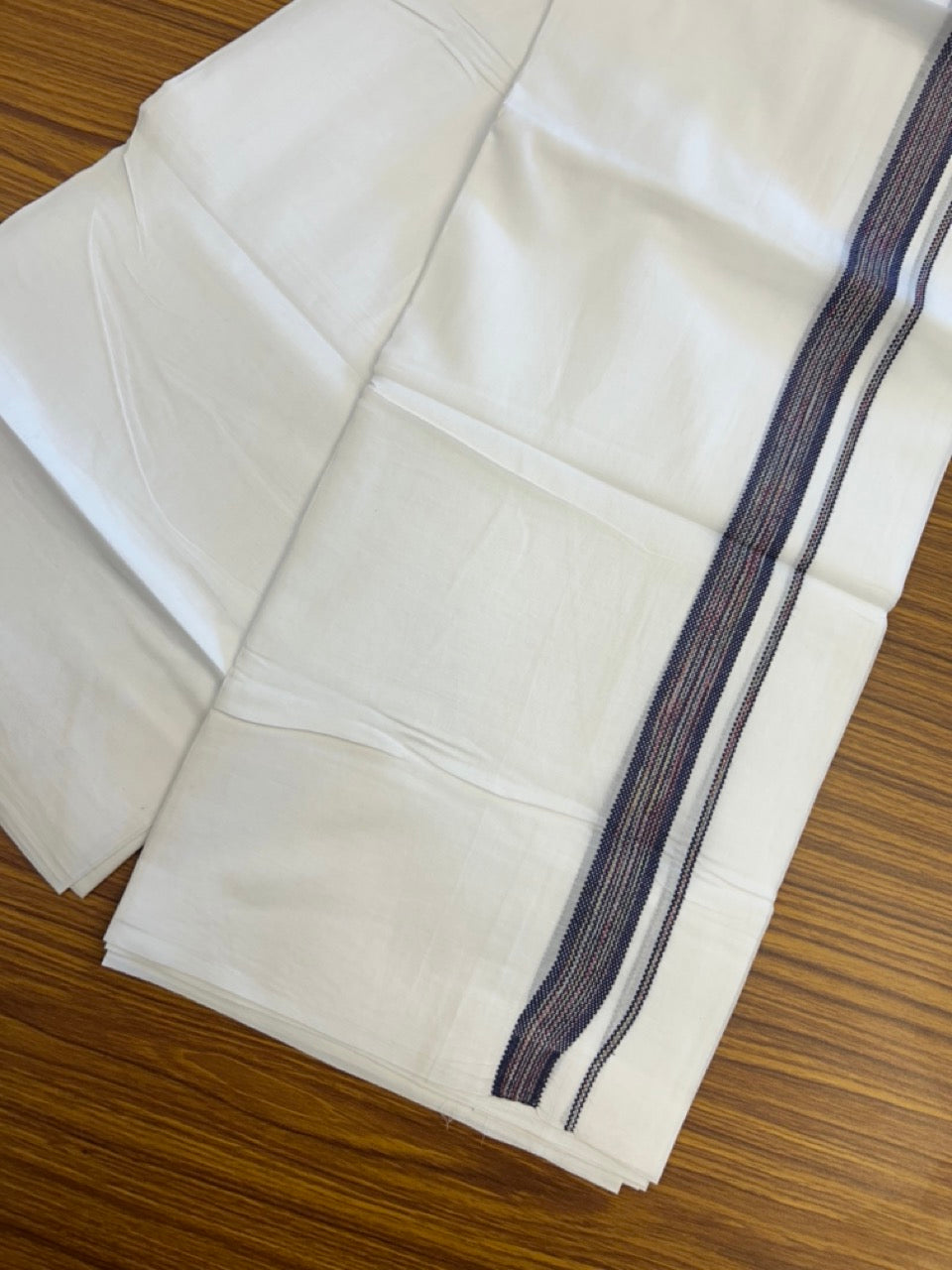 20% Discount ! Kaitharikada Balaramapuram 100% Cotton Pure White Rainbow Double Mundu/Dothi - 100x80 - 0.75 inch Navy Blue & Multi colour Kara 3.80 mtr (8 muzham) - 37 KK5299 THI