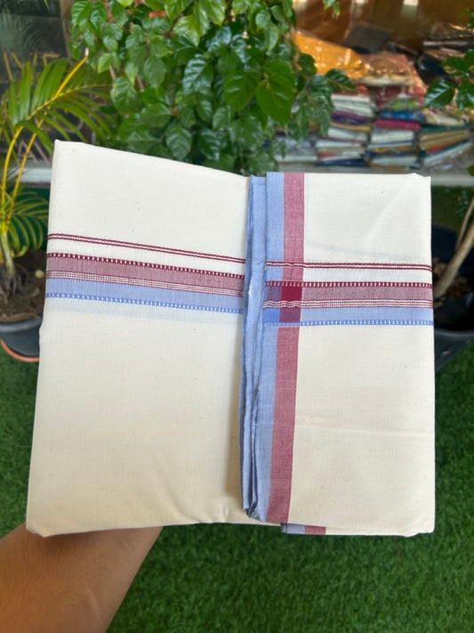 30%DISCOUNT!! SIGNATURE KAITHARIKADA EXCLUSIVE SINGLE DHOTI - 100% Cotton Balaramapuram HANDLOOM Single Mundu/Dhoti - Off White - (Unbleached) 1.25 inch Maroon Lavender & Silver Kasavu Striped Kara (2 meter / 4 muzham)- 9KK5173KAI