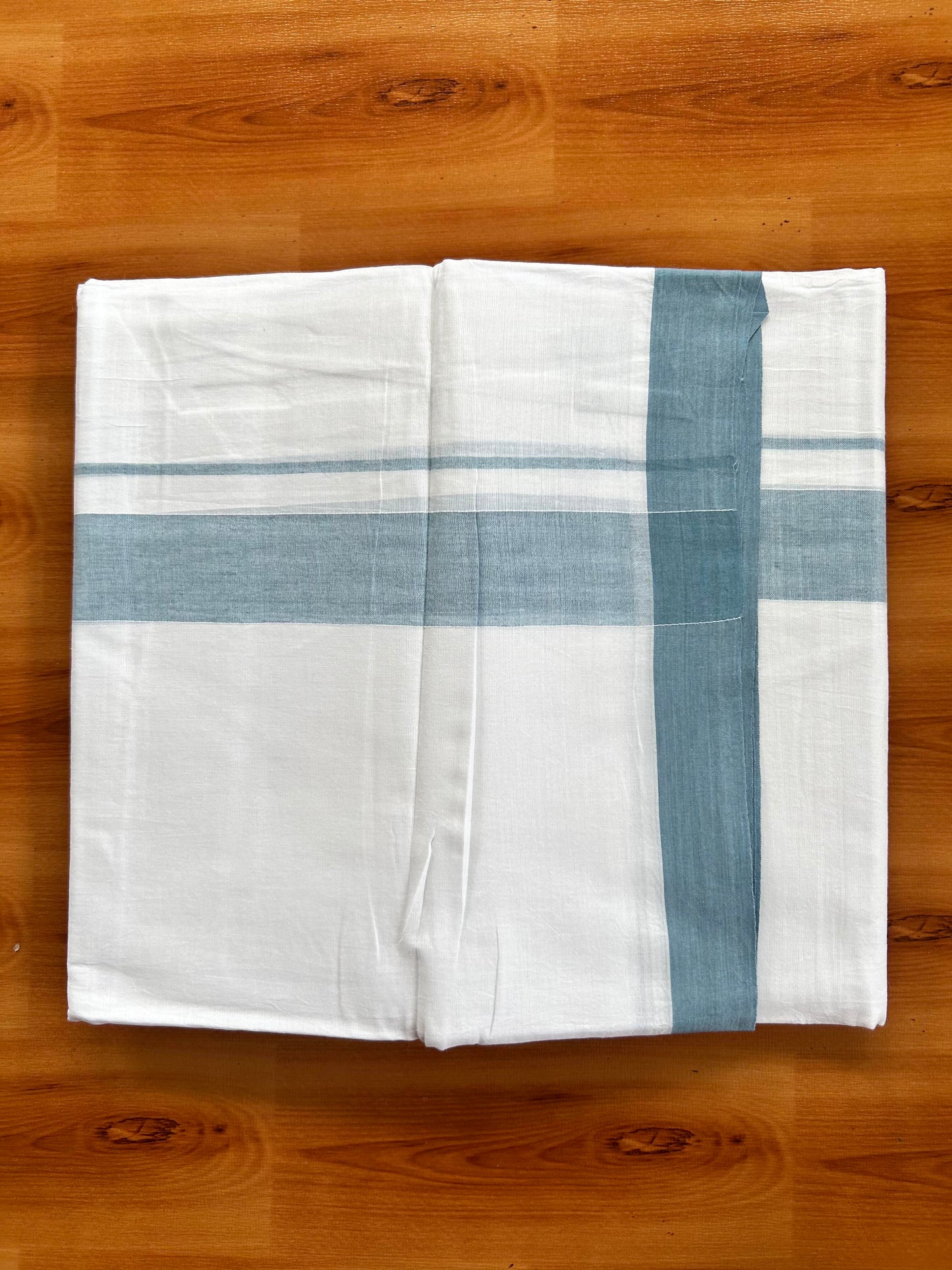Double Pure White Mundu/Dhoti- 20% Discount ! Kaitharikada Balaramapuram 100% Pure Cotton - 100x80 - 1.25 Inch Light Blue Shaded Kara 3.90 mtr (8 muzham) - 46 KK5444 VIN
