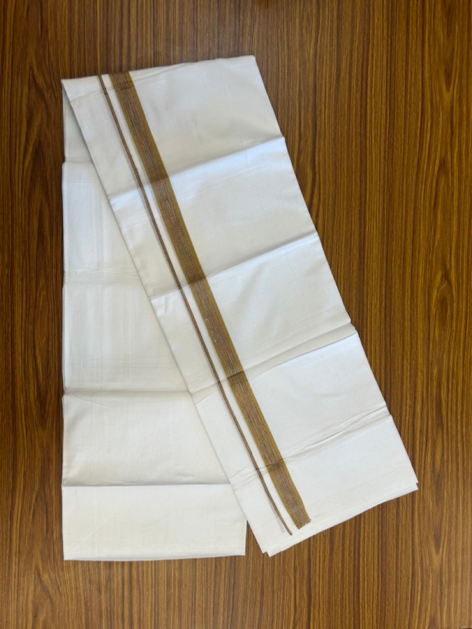 20% Discount ! Kaitharikada Balaramapuram 100% Cotton Pure White Rainbow Double Mundu/Dothi - 100x80 - 0.75 inch Yellowish Brown & Multi colour Kara 3.80 mtr (8 muzham) - 40 KK5299 THI