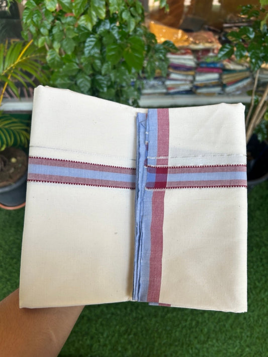 30%DISCOUNT!! SIGNATURE KAITHARIKADA EXCLUSIVE SINGLE DHOTI - 100% Cotton Balaramapuram HANDLOOM Single Mundu/Dhoti - Off White - (Unbleached) 1.25 inch Maroon Lavender & Silver Kasavu Kara (2 meter / 4 muzham)- 8KK5173KAI