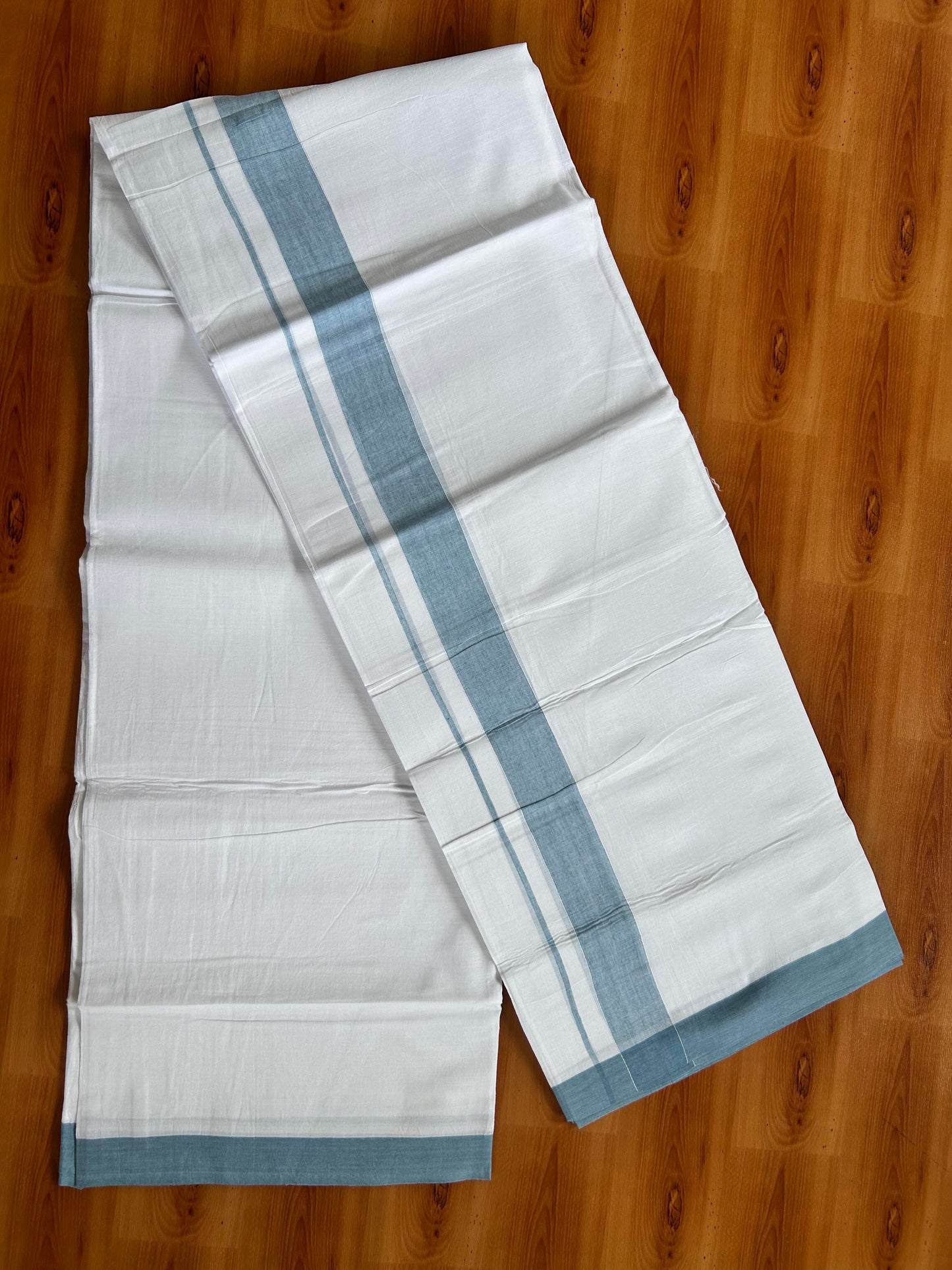 Double Pure White Mundu/Dhoti- 20% Discount ! Kaitharikada Balaramapuram 100% Pure Cotton - 100x80 - 1.25 Inch Light Blue Shaded Kara 3.90 mtr (8 muzham) - 46 KK5444 VIN
