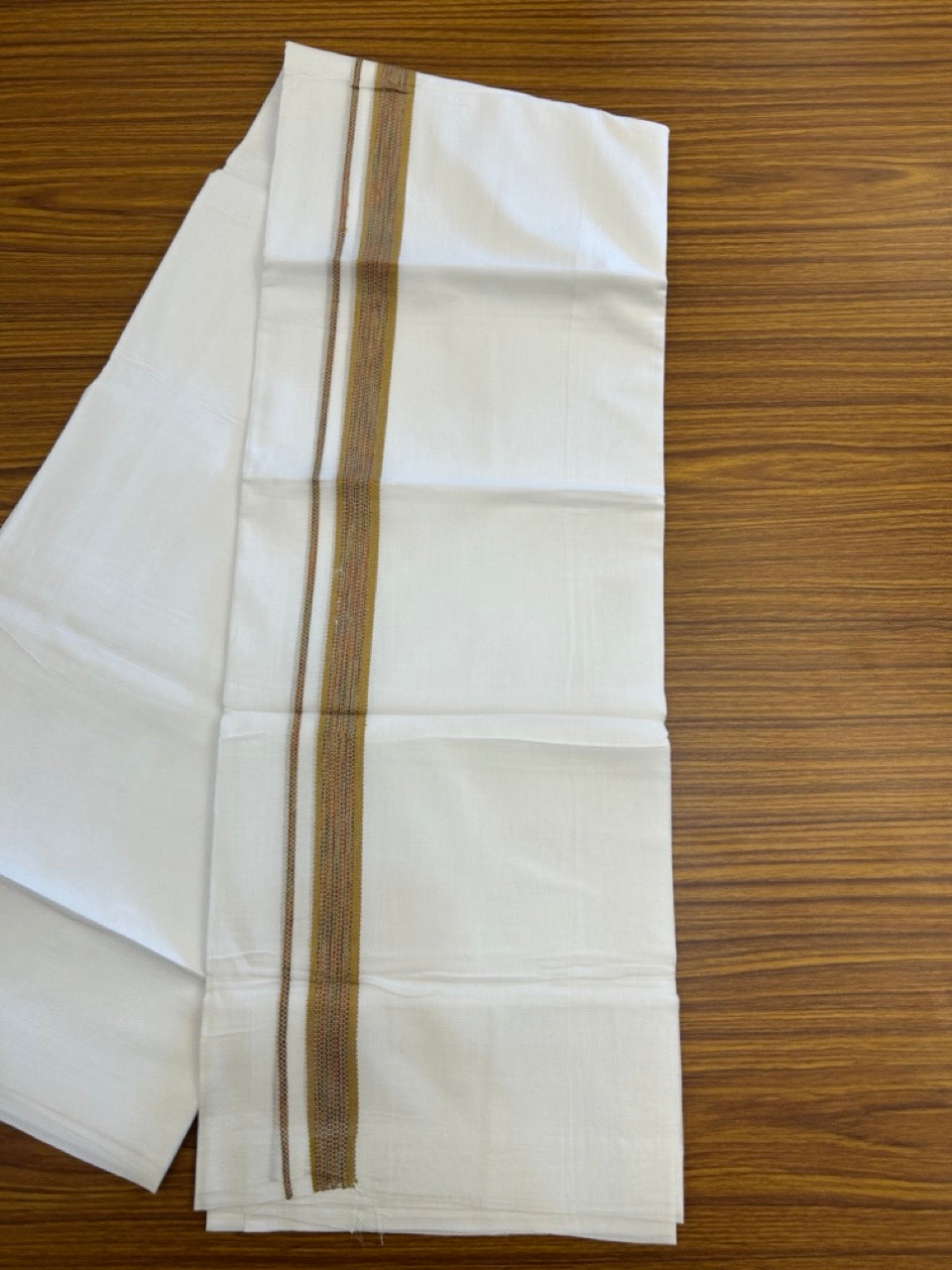 20% Discount ! Kaitharikada Balaramapuram 100% Cotton Pure White Rainbow Double Mundu/Dothi - 100x80 - 0.75 inch Yellowish Brown & Multi colour Kara 3.80 mtr (8 muzham) - 40 KK5299 THI