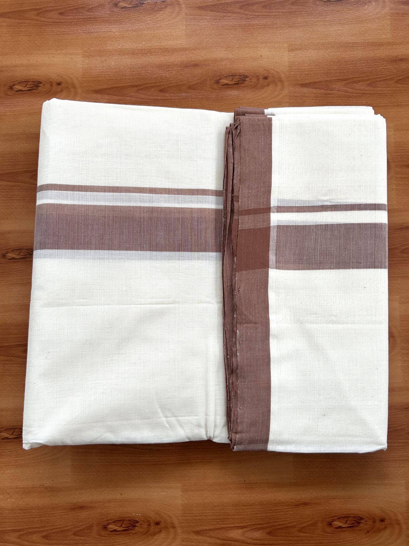 Double Off White (Unbleached) Mundu/Dhoti- 25% Discount! KaithariKada Handloom Millpaav - Kerala Handloom - Cotton - 80x90 - 1.25 inch Brown Mulloth Kara 4 meter (8.5 Muzham) - 6 KK5396 RAM
