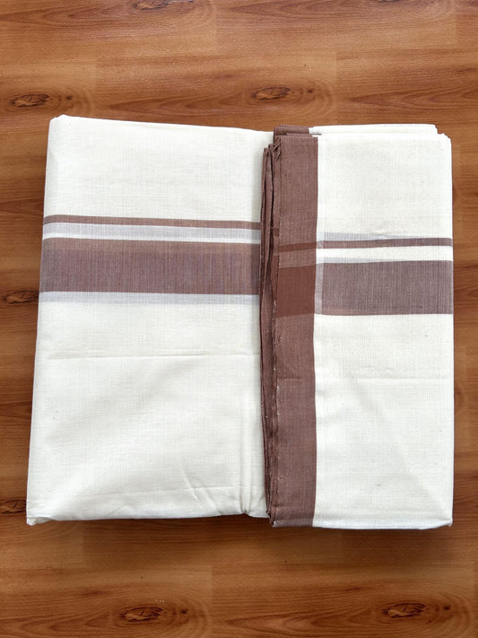 Double Off White (Unbleached) Mundu/Dhoti- 25% Discount! KaithariKada Handloom Millpaav - Kerala Handloom - Cotton - 80x90 - 1.25 inch Brown Mulloth Kara 4 meter (8.5 Muzham) - 6 KK5396 RAM