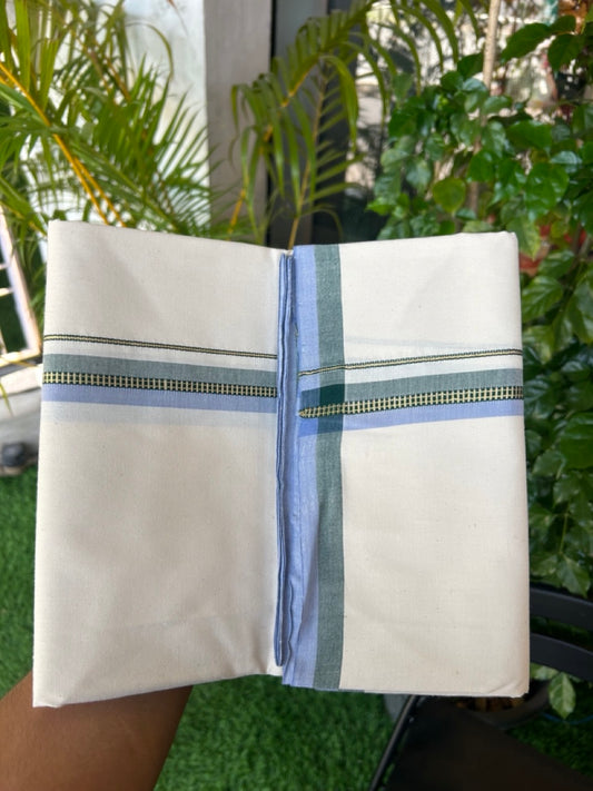 30%DISCOUNT!! SIGNATURE KAITHARIKADA EXCLUSIVE SINGLE DHOTI - 100% Cotton Balaramapuram HANDLOOM Single Mundu/Dhoti - Off White - (Unbleached) 1 inch Green Lavender & Gold Kasavu Kara (2 meter / 4 muzham)- 7KK5173KAI