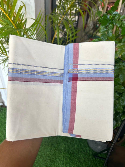 30%DISCOUNT!! SIGNATURE KAITHARIKADA EXCLUSIVE SINGLE DHOTI - 100% Cotton Balaramapuram HANDLOOM Single Mundu/Dhoti - Off White - (Unbleached) 1 inch Maroon Lavender & Gold Kasavu Kara (2 meter / 4 muzham)- 6KK5173KAI