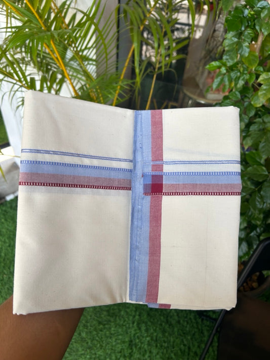 30%DISCOUNT!! SIGNATURE KAITHARIKADA EXCLUSIVE SINGLE DHOTI - 100% Cotton Balaramapuram HANDLOOM Single Mundu/Dhoti - Off White - (Unbleached) 1 inch Lavender Maroon & Silver Kasavu Kara (2 meter / 4 muzham)- 15KK5173KAI