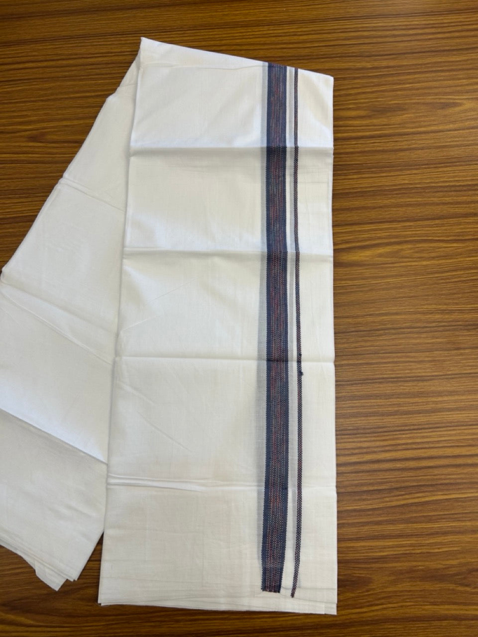 20% Discount ! Kaitharikada Balaramapuram 100% Cotton Pure White Rainbow Double Mundu/Dothi - 100x80 - 0.75 inch Peacock Blue & Multi colour Kara 3.80 mtr (8 muzham) - 39 KK5299 THI