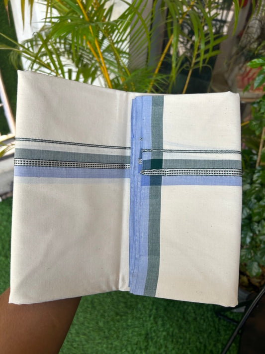 30%DISCOUNT!! SIGNATURE KAITHARIKADA EXCLUSIVE SINGLE DHOTI - 100% Cotton Balaramapuram HANDLOOM Single Mundu/Dhoti - Off White - (Unbleached) 1.25 inch Green Lavender & Silver Kasavu Striped Kara (2 meter / 4 muzham)- 14KK5173KAI