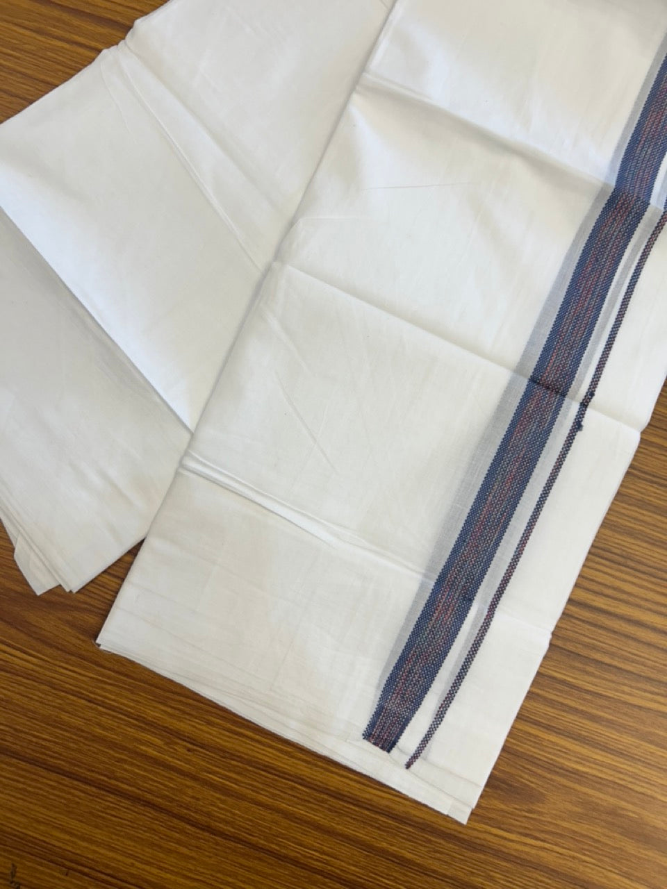 20% Discount ! Kaitharikada Balaramapuram 100% Cotton Pure White Rainbow Double Mundu/Dothi - 100x80 - 0.75 inch Peacock Blue & Multi colour Kara 3.80 mtr (8 muzham) - 39 KK5299 THI