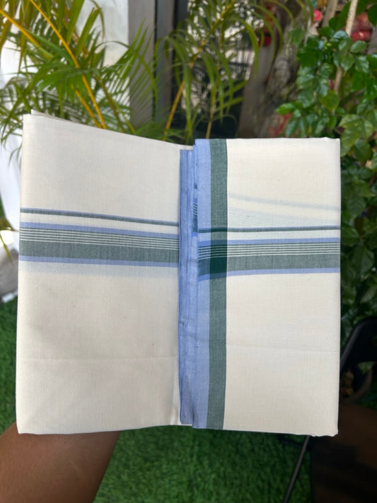 30%DISCOUNT!! SIGNATURE KAITHARIKADA EXCLUSIVE SINGLE DHOTI - 100% Cotton Balaramapuram HANDLOOM Single Mundu/Dhoti - Off White - (Unbleached) 1 inch Green & Lavender Striped Kara (2 meter / 4 muzham)- 4KK5173KAI