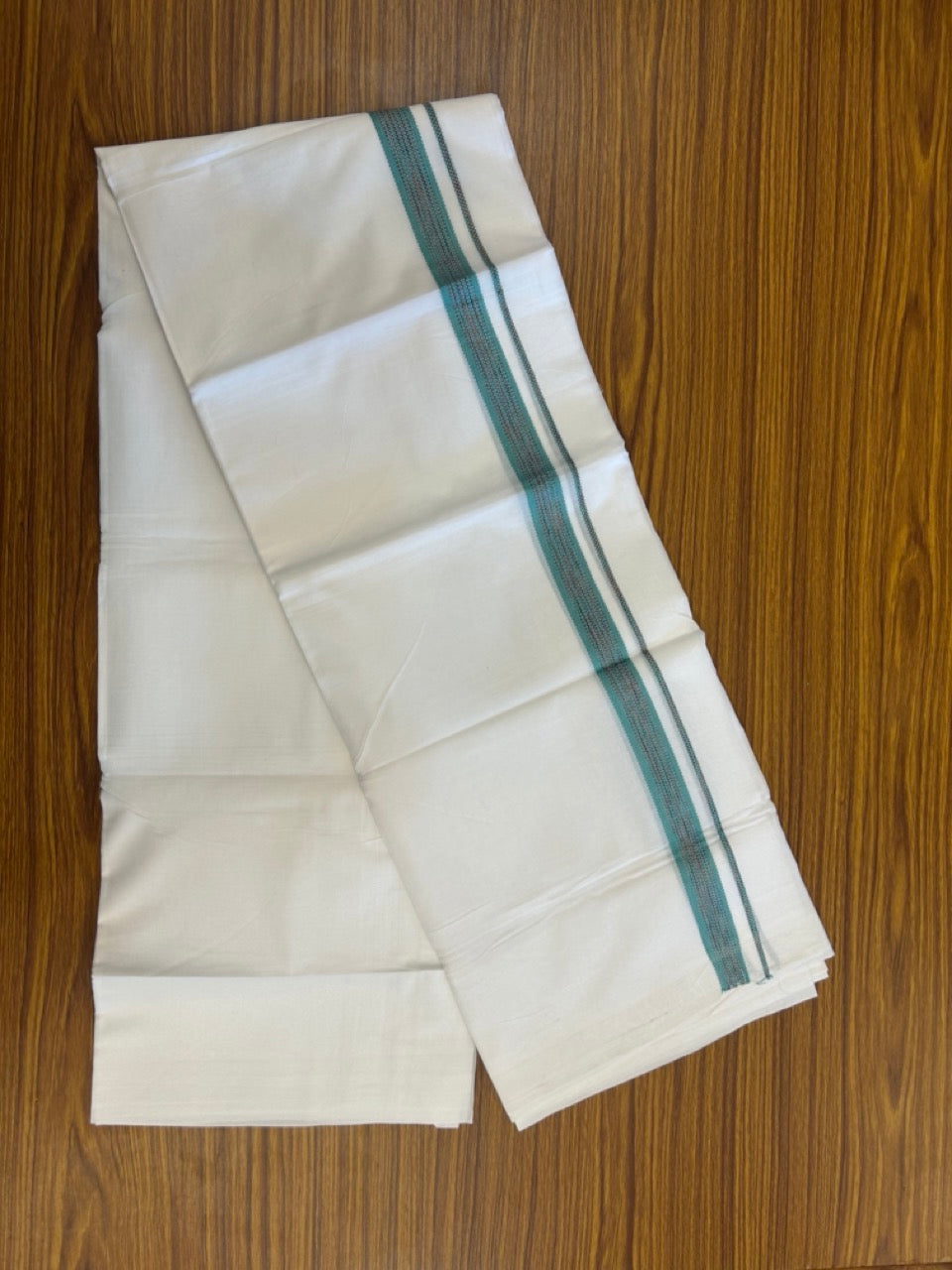 20% Discount ! Kaitharikada Balaramapuram 100% Cotton Pure White Double Rainbow Mundu/Dothi - 100x80 - 0.75 inch Ocean Blue & Multi colour Kara 3.80 mtr (8 muzham) - 21 KK5299 THI