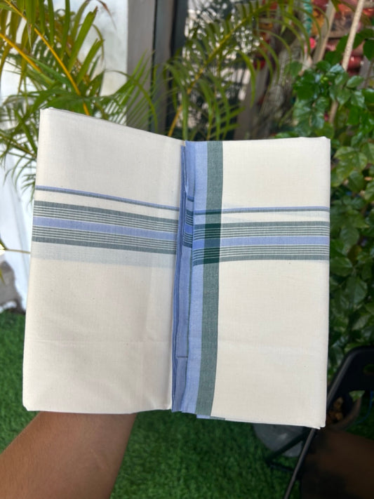 30%DISCOUNT!! SIGNATURE KAITHARIKADA EXCLUSIVE SINGLE DHOTI - 100% Cotton Balaramapuram HANDLOOM Single Mundu/Dhoti - Off White - (Unbleached) 1.25 inch Green & Lavender Striped Kara (2 meter / 4 muzham)- 3KK5173KAI