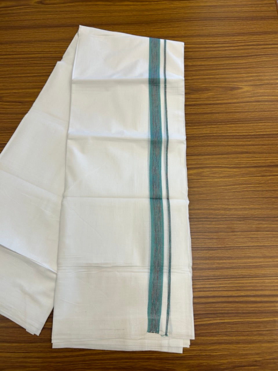 20% Discount ! Kaitharikada Balaramapuram 100% Cotton Pure White Double Rainbow Mundu/Dothi - 100x80 - 0.75 inch Ocean Blue & Multi colour Kara 3.80 mtr (8 muzham) - 21 KK5299 THI