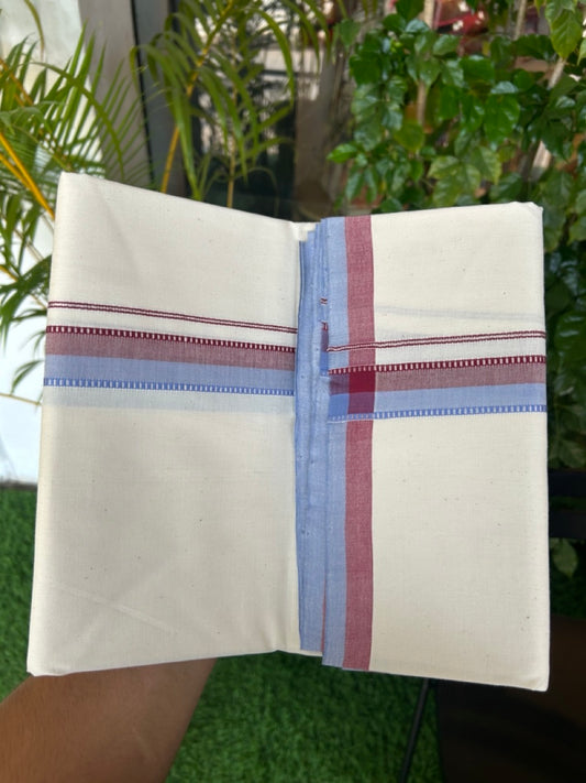 30%DISCOUNT!! SIGNATURE KAITHARIKADA EXCLUSIVE SINGLE DHOTI - 100% Cotton Balaramapuram HANDLOOM Single Mundu/Dhoti - Off White - (Unbleached) 1 inch Maroon Lavender & Silver Kasavu Kara (2 meter / 4 muzham)- 13KK5173KAI