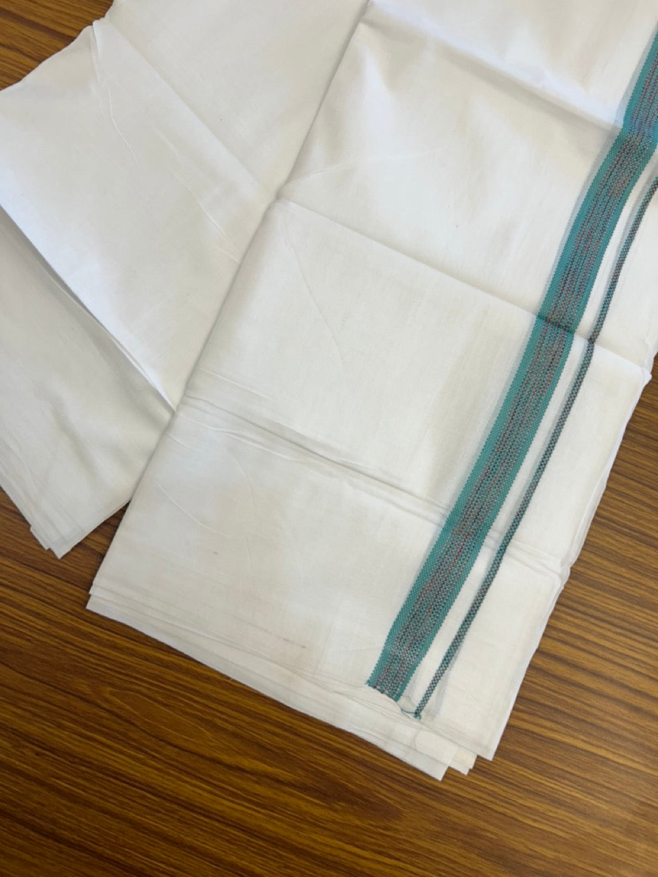 20% Discount ! Kaitharikada Balaramapuram 100% Cotton Pure White Double Rainbow Mundu/Dothi - 100x80 - 0.75 inch Ocean Blue & Multi colour Kara 3.80 mtr (8 muzham) - 21 KK5299 THI