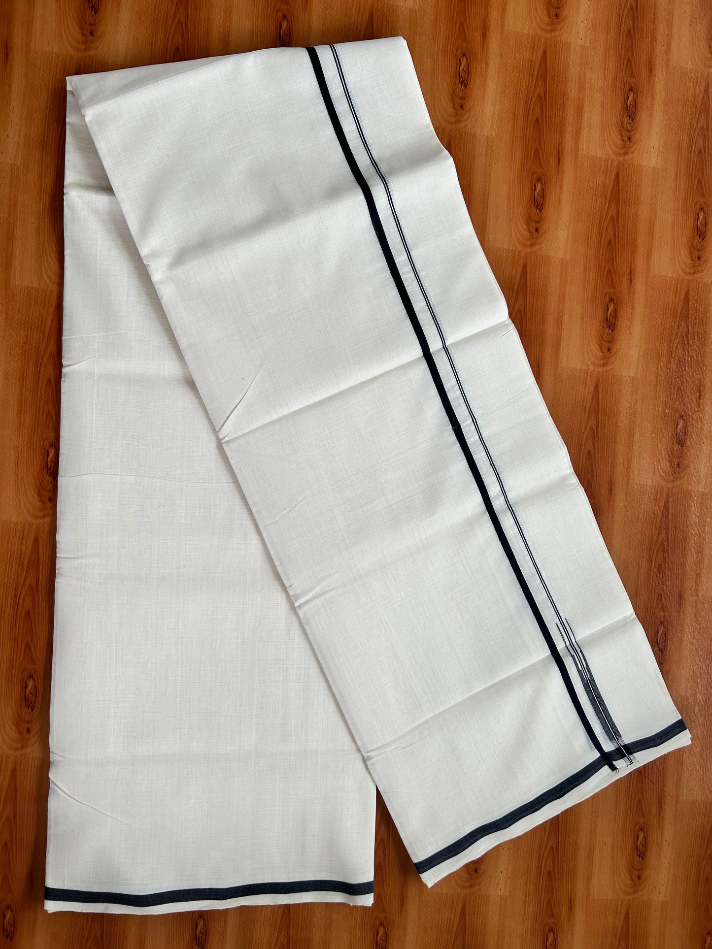 Double Off White (Unbleached) Mundu/Dhoti - 25% Discount!! KaithariKada Handloom Unakkupaav - Kerala Handloom - 100% Pure Cotton - 80x90 - 0.5 inch Black Chutty Kara 4 meter (8.5 muzham) - 16 KK5449 YAR