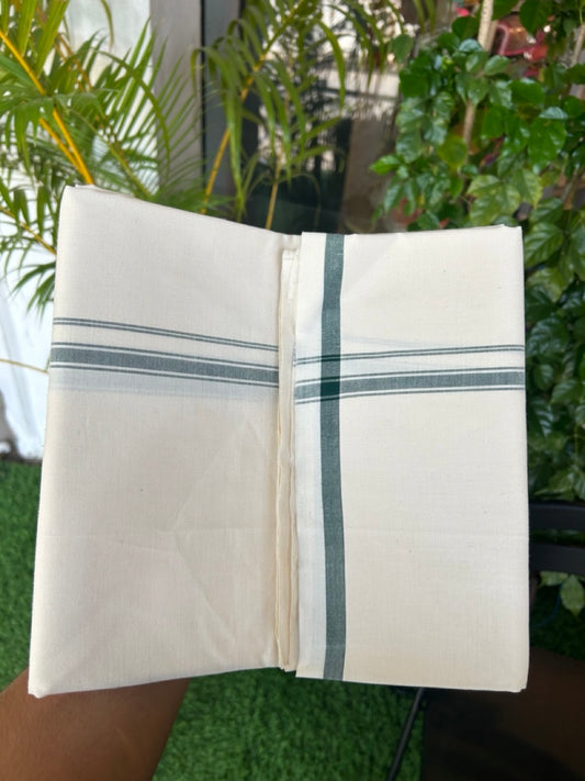 30%DISCOUNT!! SIGNATURE KAITHARIKADA EXCLUSIVE SINGLE DHOTI - 100% Cotton Balaramapuram HANDLOOM Single Mundu/Dhoti - Off White - (Unbleached) 0.5 inch Green Striped Kara (2 meter / 4 muzham)- 2KK5173KAI