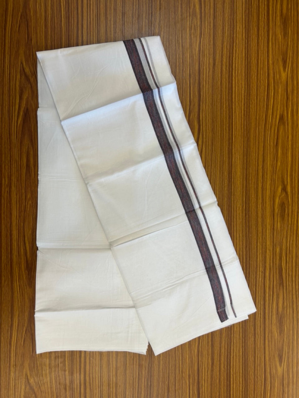 20% Discount ! Kaitharikada Balaramapuram 100% Cotton Pure White Rainbow Double Mundu/Dothi - 100x80 - 0.75 inch Brown & Multi colour Kara 3.80 mtr (8 muzham) - 32 KK5299 THI