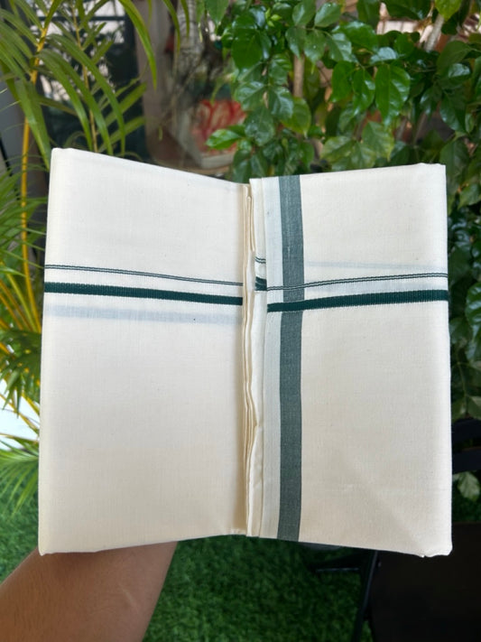 30%DISCOUNT!! SIGNATURE KAITHARIKADA EXCLUSIVE SINGLE DHOTI - 100% Cotton Balaramapuram HANDLOOM Single Mundu/Dhoti - Off White - (Unbleached) 0.25 inch Green Kara (2 meter / 4 muzham)- 1KK5173KAI