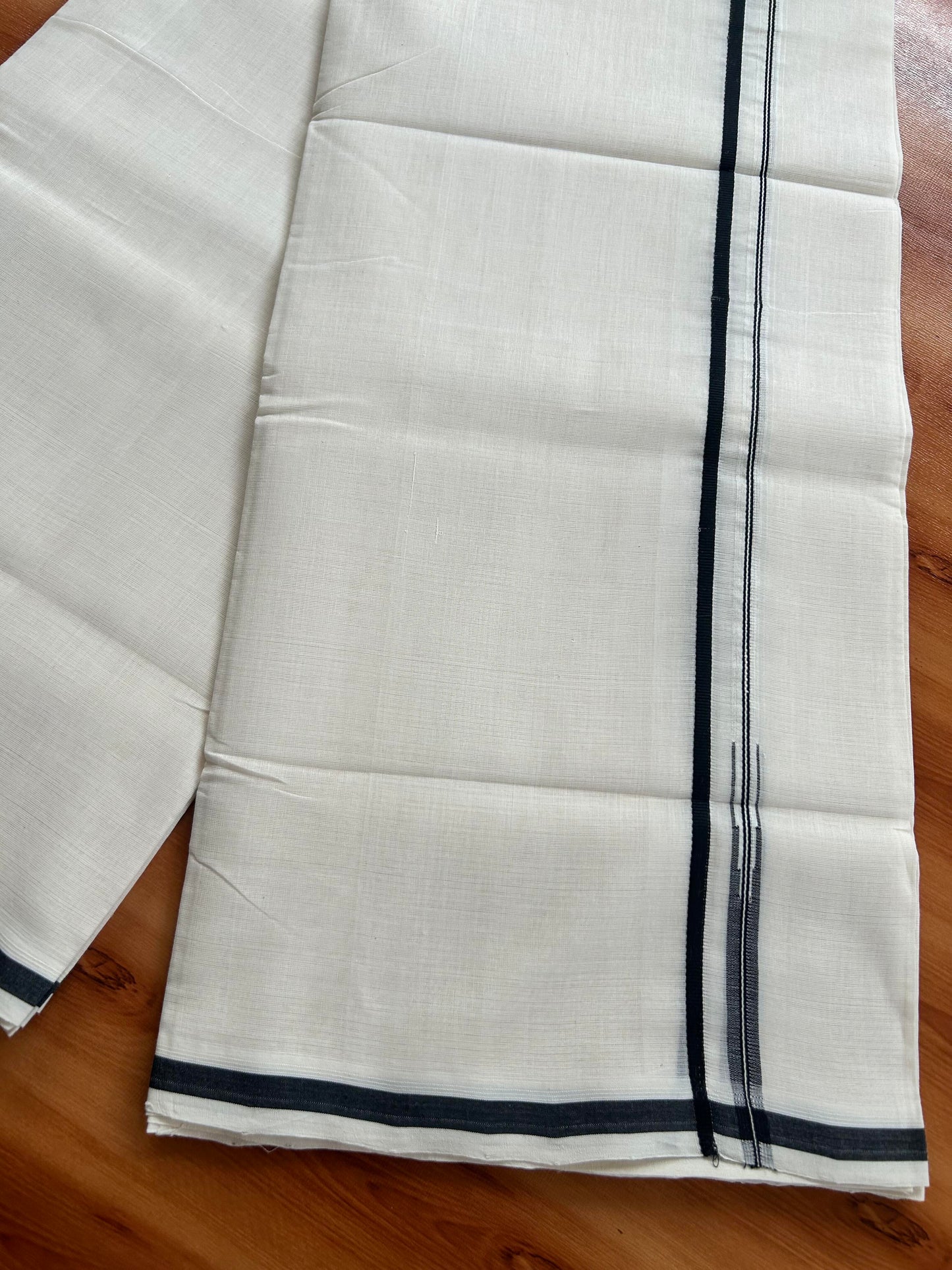 Double Off White (Unbleached) Mundu/Dhoti - 25% Discount!! KaithariKada Handloom Unakkupaav - Kerala Handloom - 100% Pure Cotton - 80x90 - 0.5 inch Black Chutty Kara 4 meter (8.5 muzham) - 16 KK5449 YAR